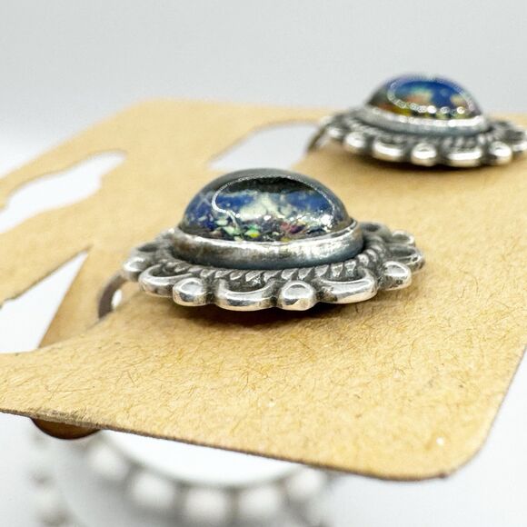 Vtg Sterling Silver Black Fire Opal Glass Cabochon Screw Back Earrings Victorian - Picture 6 of 10